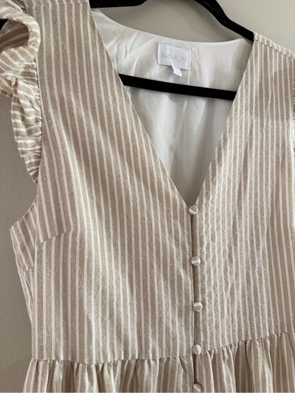 Sugarlips Beige and White Striped V-Neck Button Front Tunic